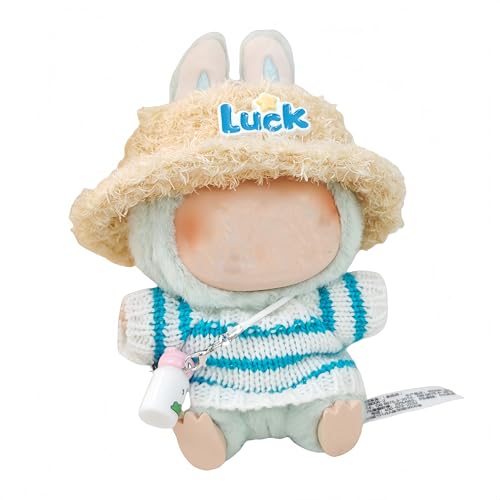 Puppen-Kleidungsset Compatible with Labubu Doll, Strickpullover mit Blau-Weißen Streifen, Strohhut und Flasche von Generisch