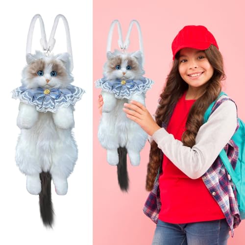 Puppenhaus Realistischer Ragdoll-Katzen-Rucksack für Damen, Geldbörse, niedlich geformte handgefertigte Tasche, luxuriöser und süßer Tierrucksack Puppenzubehör Set (B, One Size) von Generisch