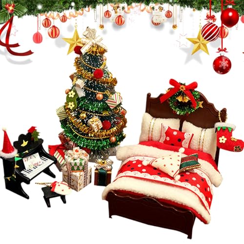 Puppenhaus Weihnachtsdekoration | Miniatur-Bastelset für Baum Bett und Klavier - Modell für Weihnachtsmöbel - Für Kinder Erwachsene Holiday Winter Zuhause Wohnzimmer Dekoration von Generisch