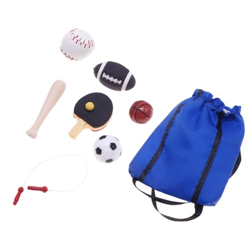 Puppenhaus Zubehör, Miniatur Sportgeräte Set, Rucksack Baseball Baseballschläger Football Basketball Fußball Tischtennisball Schläger Springseil, Tortendeko von Generisch