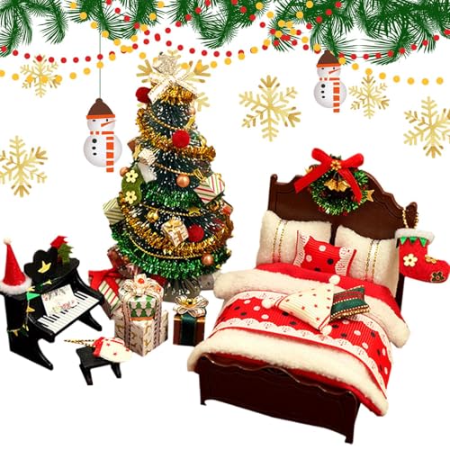 Puppenhaus Zubehör und Möbel Weihnachten - Miniatur-Bastelset für Baum Bett und Klavier,Weihnachts Schlafzimmer Deko - für Feiertage Winter Zuhause Zimmer Party Feiern Kinder Erwachsene von Generisch
