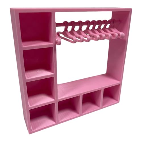 Puppenkleiderschrank, 15,5 x 15,5 x 4 cm, Zubehöraufbewahrung, Puppenhaus-Möbel mit 10 Kleiderbügeln, 3D-gedruckter Display-Organizer, für Barbie-Puppenkleidung, Schuhe, Hut-Kollektion (Rosa) von Generisch