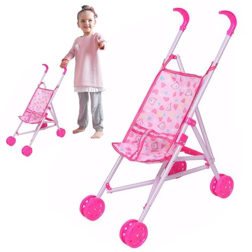 Puppenwagen aus Metall faltbar - 50x49x53cm Kinderwagen für Puppen mit Sicherheitsgurt - Spielzeug für Mädchen & Jungen ab 3 Jahren (Rosa) von Generisch