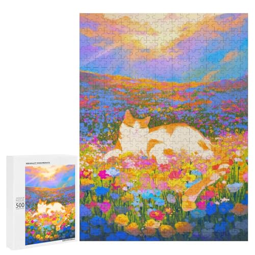 Puzzle A Cute Cat Liegend in A Field of Colorful Flowers -1 300.500 Pieces Wooden Jigsaw Puzzle Classic Wooden Puzzle for Adults von Generisch