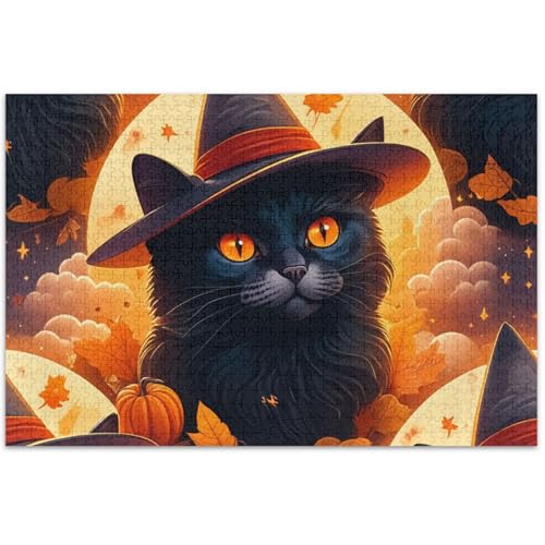 Puzzle für Erwachsene, 500 Teile, Halloween, niedliche schwarze Katze, Orange, Spiel, Tech-Geschenke, cooles Puzzle für Erwachsene, Tierkunst-Dekor, 50,5 x 37,8 cm von Generisch