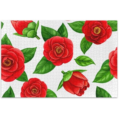 Puzzle mit roten Blumen, grünen Blättern, weiß, 500 Teile, Puzzles für Erwachsene, Geschenke für weißen Elefant, einzigartiges Puzzle-Geschenk, Tierblumenkunst, 500 x 37 cm von Generisch