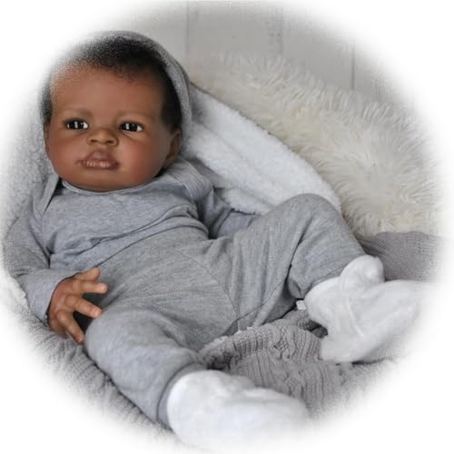 Realistische Reborn Baby Puppen 19 Zoll Vinyl Silikon Lebensechte Neugeborenen Babypuppen Junge Schwarze Haut die wie das echte Leben Aussehen Neugeborenes Baby Puppe Anatomisch korrektes von Generisch