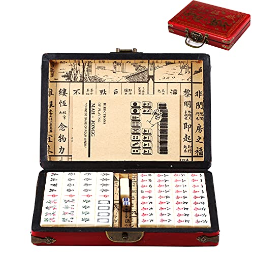 Reisefreundliches tragbares Mahjong-Set mit Acrylholz-Lederfliesen, 144 Stück, 2 Würfeln und Aufbewahrungsbox aus Holz (Griff oder kein Griff) von Generisch