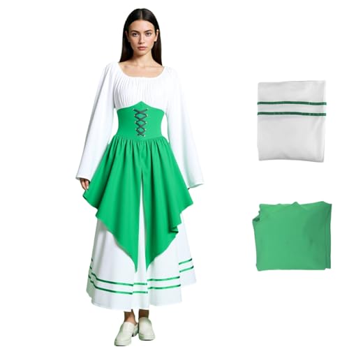 Renaissance Korsettkleid, Mittelalter Langarm Kleid Kostüm Damen mit Rüschensaum Schürze, Viktorianisches Vintage Ballkleid für Party Halloween Karneval (Grün, L) von Generisch