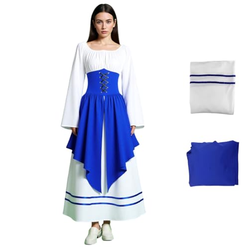 Renaissance Korsettkleid, Mittelalter Langarm Kleid Kostüm Damen mit Rüschensaum Schürze Viktorianisches Vintage Ballkleid für Party Halloween Karneval (Blau, M) von Generisch