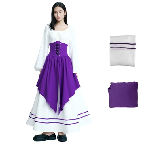 Renaissance Korsettkleid, Mittelalter Langarm Kleid Kostüm Damen mit Rüschensaum Schürze Viktorianisches Vintage Ballkleid für Party Halloween Karneval (Lila, XL) von Generisch