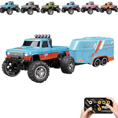 RipRush Mini Monster 1:64 Off-Road LED Alloy Racer, 2.4GHz Off-Road Remote Control Car, Rechargeable Alloy Shell Mini RC Cars with Lights and Trailer, Speed/Steering Adjustable (Blue-b,With Trailer) von Generisch