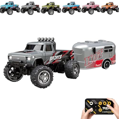 RipRush Mini Monster 1:64 Off-Road LED Alloy Racer, 2.4GHz Off-Road Remote Control Car, Rechargeable Alloy Shell Mini RC Cars with Lights and Trailer, Speed/Steering Adjustable (Gray,with Trailer) von Generisch