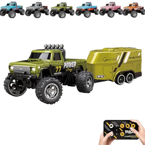 RipRush Mini Monster 1:64 Off-Road LED Alloy Racer, 2.4GHz Off-Road Remote Control Car, Rechargeable Alloy Shell Mini RC Cars with Lights and Trailer, Speed/Steering Adjustable (Green,with Trailer) von Generisch