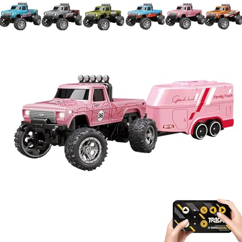 RipRush Mini Monster 1:64 Off-Road LED Alloy Racer, 2.4GHz Off-Road Remote Control Car, Rechargeable Alloy Shell Mini RC Cars with Lights and Trailer, Speed/Steering Adjustable (Pink,With Trailer) von Generisch