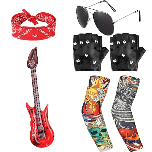 Rockstar-Kostüm-Zubehör-Set für Kinder, Rockstar-Kostüm-Set mit aufblasbarer Gitarre, Sonnenbrille, Handschuhen, Stirnband und Ärmeln, Punk, Schwermetall, für Jungen und Mädchen, Party, Cosplay von Generisch