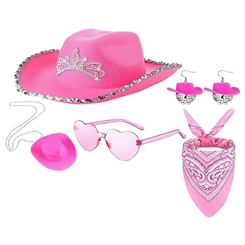 Rosa Cowboyhut, Cowboy Hut für Damen, Filz Cowboyhut, mit Herz Brille, Rosa Bandana, Cosplay Party Halloween Karneval Kostüm Zubehör, 3 Stückbarbie outfit damen Rosa Cowboyhut, Cowboy Hut für Damen, Filz Cowboyhut, mit Herz Brille, Rosa Bandana, Cosplay Party Halloween Karneval Kostüm Zubehör, 3 Stückbarbie outfit damen von Generisch