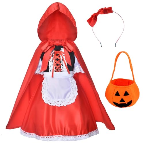 Rotkäppchenkleid, Weihnachtskostüme für Mädchen mit Umhang, Stirnband, Tasche (2 bis 12 Jahre), kleine Mädchen, Herbstkleidung, Größe 5, Rot, 3–4 Jahre von Generisch