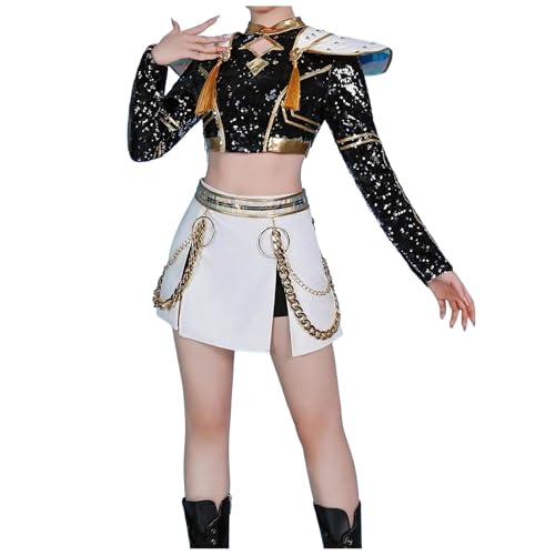 Rumi Zoey Mira Kostüm Cosplay Golden Kostüm Perücken für Frauen Weiß Outfit Set Halloween - Komplettes 3-teiliges Set (Perücke + Outfit) (Schwarz_Zoey, M) von Generisch