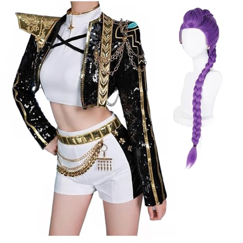 Rumi Zoey Mira Kostüm Cosplay Goldene Kostüm Perücken für Frauen Weiß Outfit Set Halloween - Komplettes 3-teiliges Set (Perücke + Outfit) (Schwarz_Rumi+Perücke, XS) von Generisch