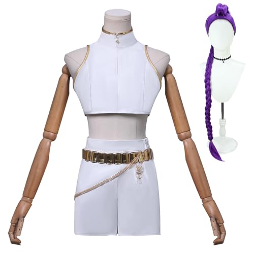 Rumi Zoey Mira Kostüm Cosplay Goldene Kostüm Perücken für Frauen Weiß Outfit Set Halloween - Komplettes 3-teiliges Set (Perücke + Outfit) (Weiß_Rumi+Perücke, XS) von Generisch