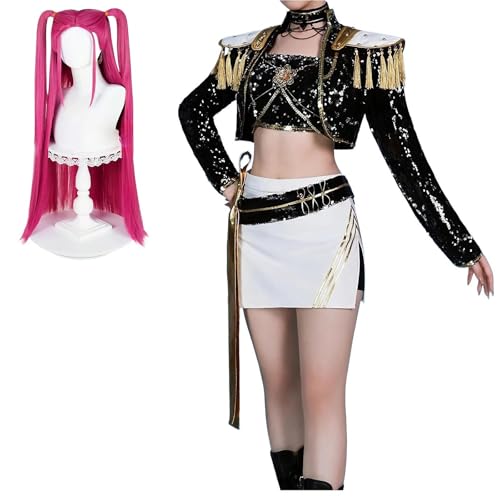 Rumi Zoey Mira Kostüm Cosplay Goldene Kostümperücken für Frauen Weiß Outfit Set Halloween - Komplettes 3-teiliges Set (Perücke + Outfit) (Schwarz_Mira+Perücke, XS) von Generisch