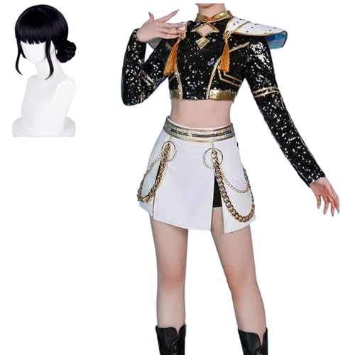Rumi Zoey Mira Kostüm Cosplay Goldene Kostümperücken für Frauen Weiß Outfit Set Halloween - Komplettes 3-teiliges Set (Perücke + Outfit) (Schwarz_Zoey + Perücke, 3XL) von Generisch