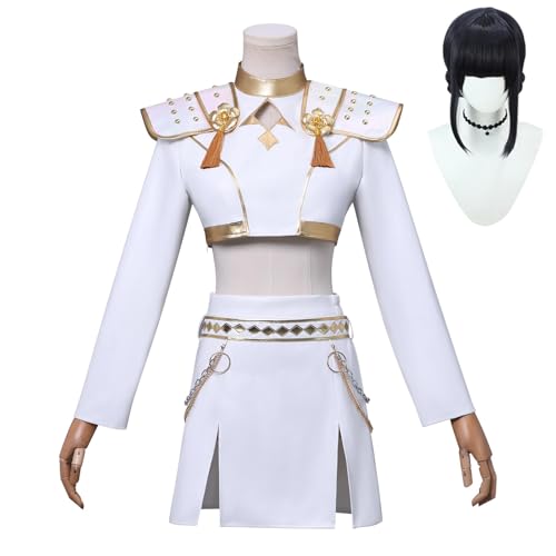Rumi Zoey Mira Kostüm Cosplay Goldene Kostümperücken für Frauen Weiß Outfit Set Halloween - Komplettes 3-teiliges Set (Perücke + Outfit) (Weiß_Zoey + Perücke, XS) von Generisch