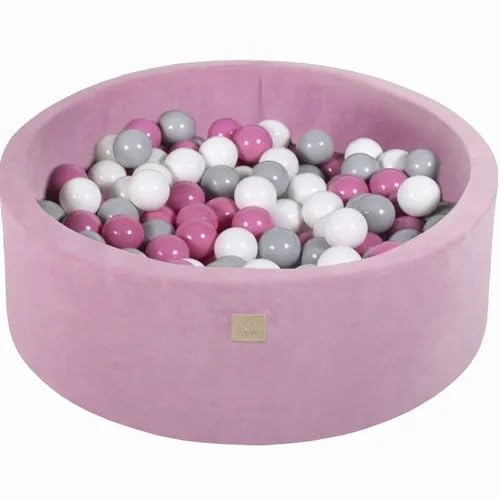 Runder Bällebad Durchmesser 90x30cm aus Samt mit 200 Bällen – Dunkelrosa, pastellfarbene Kugeln, Abnehmbarer Bezug (Farbe Dunkelrosa - Kugeln: Hellrosa/Grau/Weiß) von Generisch