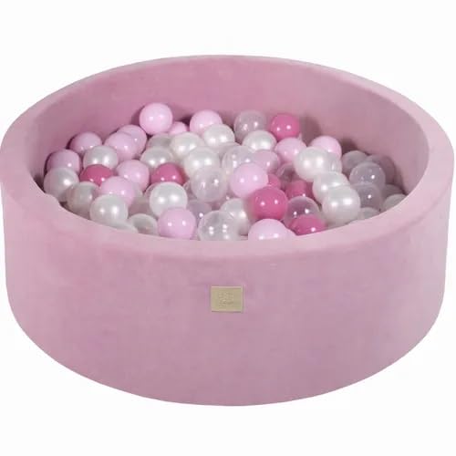 Runder Bällebad Durchmesser 90x30cm aus Samt mit 200 Bällen – Dunkelrosa, pastellfarbene Kugeln, Abnehmbarer Bezug (Farbe Dunkelrosa - Kugeln: Mint/Weiß/Transparent/Perlviolett) von Generisch