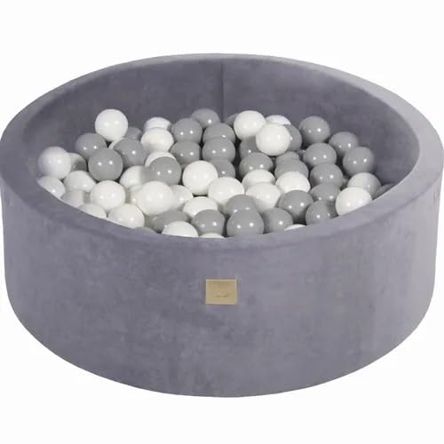 Runder Bällebad Durchmesser 90x30cm aus Samt mit 200 Bällen – Stahlgrau, pastellfarbene Kugeln, Abnehmbarer Bezug (Farbe Stahl - Kugeln: Grau/Weiß) von Generisch