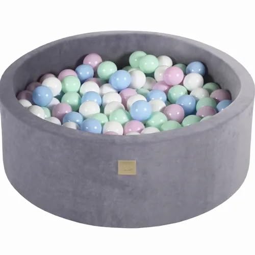 Runder Bällebad Durchmesser 90x30cm aus Samt mit 200 Bällen – Stahlgrau, pastellfarbene Kugeln, Abnehmbarer Bezug (Farbe Stahl - Kugeln: Himmelblau/Weiß/Mint/Pastellrosa) von Generisch