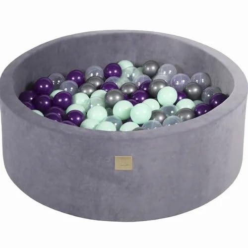 Runder Bällebad Durchmesser 90x30cm aus Samt mit 200 Bällen – Stahlgrau, pastellfarbene Kugeln, Abnehmbarer Bezug (Farbe Stahl - Kugeln: Lila/Mint/Transparent/Silber) von Generisch
