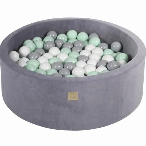 Runder Bällebad Durchmesser 90x30cm aus Samt mit 200 Bällen – Stahlgrau, pastellfarbene Kugeln, Abnehmbarer Bezug (Farbe Stahl - Kugeln: Mint/Grau/Weiß) von Generisch