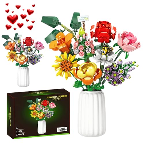 SONIKTAK Blumenstrauß Bausatz – 770 Teile Blumen-Bouquet Set, 8 Arten DIY Blumen – Bausteine für Mädchen & Jungen ab 6 Jahren – Kreative Deko für Zuhause, Muttertag, Geburtstag, Neujahr von Generisch
