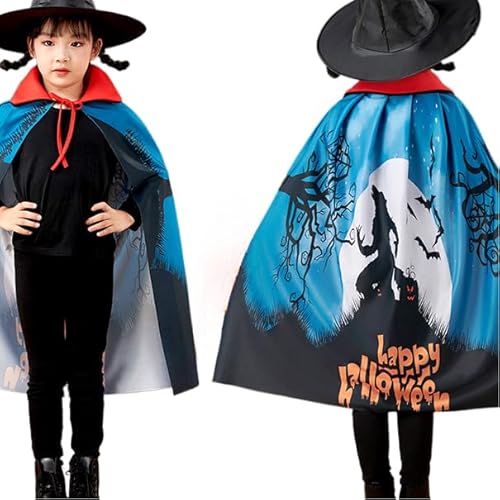 Samt-Umhang mit Kapuze für Kinder, Zauberer-Kostüm, Umhang, Mütze, Set, 3D-Druck, Performance-Kleidung, Halloween-Party-Kleidungs-Set von Generisch