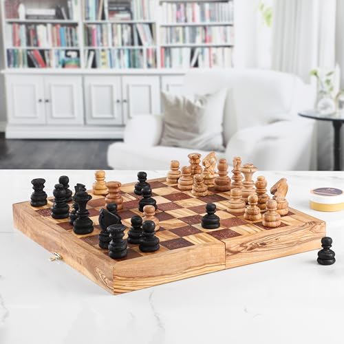 Schachbrett aus Olivenholz faltbar, handgefertigtes Schachspiel, Brettspiel Olivenholz, Bio (Braun) von Generisch