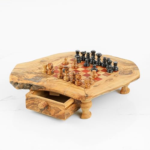 Schachspiel Holz, Schachbrett aus Olivenholz, Brettspiel Holz, Handgefertigt,100 Bio, rustikal mit Schublade, Schachbrett aus Olivenholz mit Füße inkl. Figuren, einzigartige Schachgeschenke (Rot) von Generic