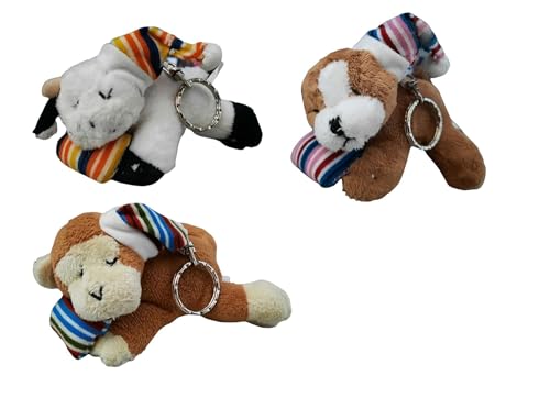 Schlüsselanhänger aus Plüsch mit Sound mit Kissen und Mütze, 10 cm, Set mit 3 Tieren – Affe, Kuh, Hund Schlüsselanhänger aus Plüsch mit Sound mit Kissen und Mütze, 10 cm, Set mit 3 Tieren – Affe, Kuh, Hund von Generisch
