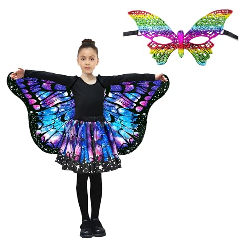Schmetterlings Kostüm Kinder Mädchen, L Größe, mit Sternenhimmel Schmetterlingsrock und bunter Schmetterlingsmaske, Kinder Kostüm für Tanz, Party und Karneval von Generisch