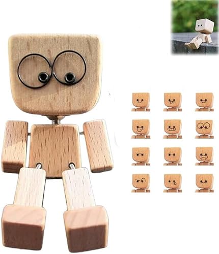SchüTtelnde Holzmann-Figur, WackelfüßE Holzpuppe Auto-Holzfigurs, Die Mit 12 Magnetischen AusdrüCke Schwankt, Tragbare Bewegungsaktivierte Holzfigur, Lustiger Wackelkopf Schreibtischschmuck (1) von Generisch