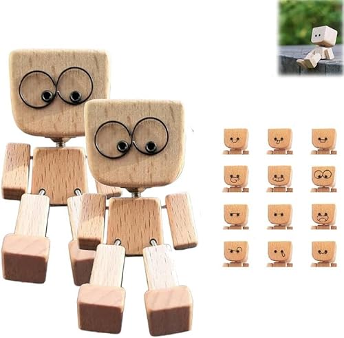 SchüTtelnde Holzmann-Figur, WackelfüßE Holzpuppe Auto-Holzfigurs, Die Mit 12 Magnetischen AusdrüCke Schwankt, Tragbare Bewegungsaktivierte Holzfigur, Lustiger Wackelkopf Schreibtischschmuck (2) von Generisch