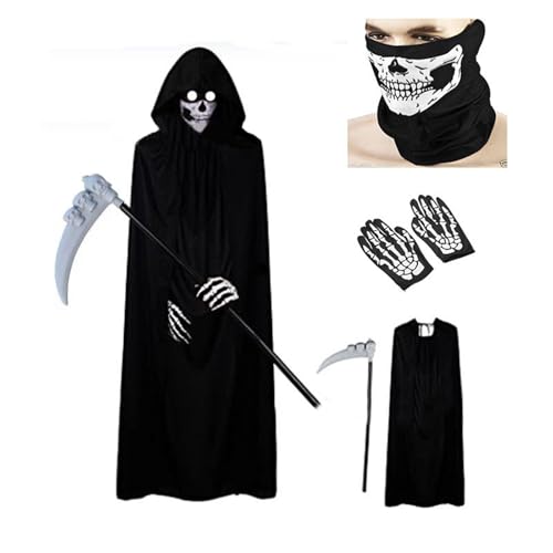 Sensenmann Kostüm, Halloween Kostüm Sensenmann Umhang mit Kapuze Gruseliges Sense Gesichtsmaske Handschuhe, Tod Outfit für Erwachsene Halloween Party Dekoration, Cosplay, Karneval von Generisch