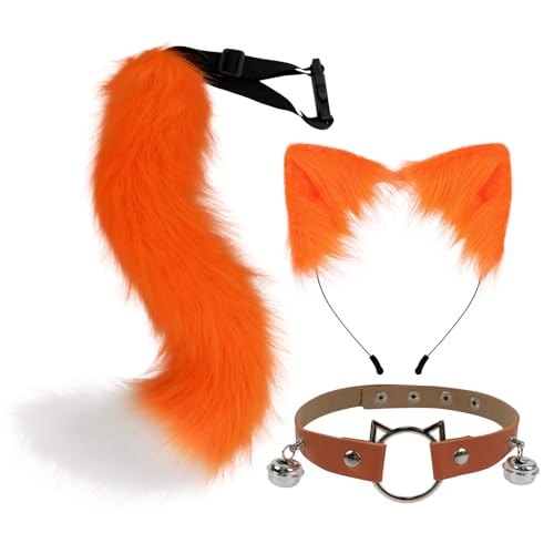 Simulations-Haarreif mit Katzenohren, Fuchsschwanz, Zubehör, Tierohren und -schwanz, Halsband, Haarnadel (Orange, 50 cm) von Generisch