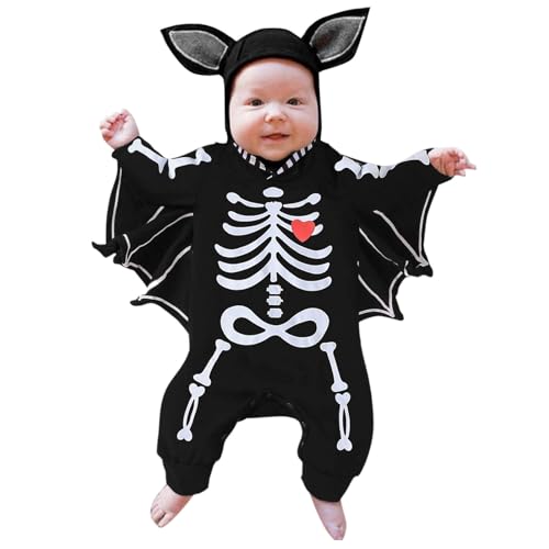 Skelett Kostüm Kinder, Skelett Kostüm Kinder Unisex Skelettkostüm Karneval Faschingskostüme Jumpsuit Skeleton Halloween Kostüme Für Fasching Cosplay Mottoparty Kinderkostüme, Schwarz, 70 von Generisch