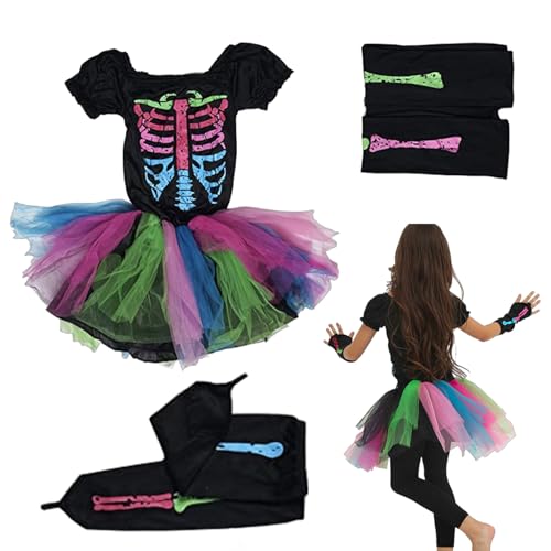 Skelett-Kostüm für Mädchen, Halloween, flippiges Knochen-Cosplay-Outfit, Kinder-Maskerade-Party, gruselige Verkleidung für Süßes oder Saures und Bühnenauftritte von Generisch
