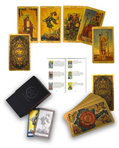 Spanisch-englisches, zweisprachiges 78-teiliges Tarotdeck mit Goldfolie, mit 36-seitigem Farbführer und zweisprachiger Anleitung, wasserfest (Zweisprachige spirituelle Augen, PU-Schale, Gold) von Generic