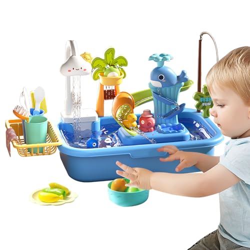 Spielspüle mit fließendem Wasser - 4-in-1 Küchenspüle Spielzeug Set | Magnetisches Angelspiel, Verbesserter Wasserrutsche, Rollenspiel Geschirrspüler, 38 Zubehörteile Lernspielzeug für Kinder (Blaues) von Generisch