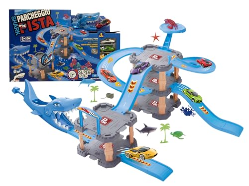 Spielzeugbahn Todesfahrt Maxi Strecke Autos Haifischbahn 6 Autos 6 Tiere Shark Track Piste Dinosaurier Krokodil Schlange Loop Akrobatik Cobra mit Launcher Parkplatz Garage (A) von Generisch