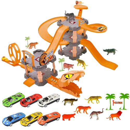 Spielzeugbahn Todesfahrt Maxi Strecke Autos Haifischbahn 6 Autos 6 Tiere Shark Track Piste Dinosaurier Krokodil Schlange Loop Akrobatik Cobra mit Launcher Parkplatz Garage (B) von Generisch